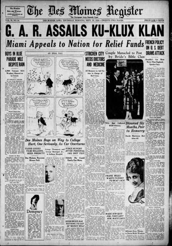 A 1926 Des Moines Register front page pits the Grand Army of the Republic against the resurgent Ku Klux Klan.