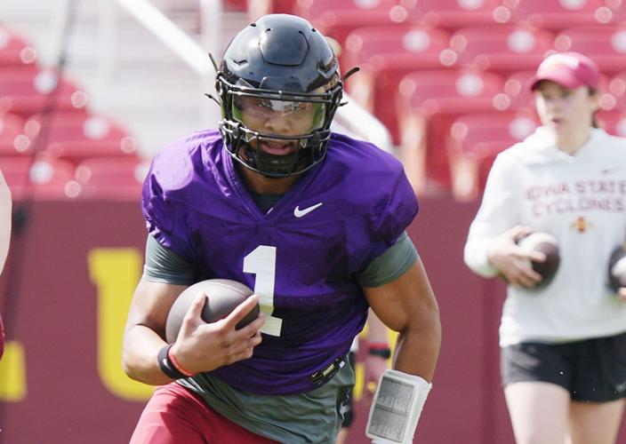 Iowa State quarterback Jaylen Raynor (1) runs with the ball during Spring football at Jack Trice Stadium on April 25, 2026, in