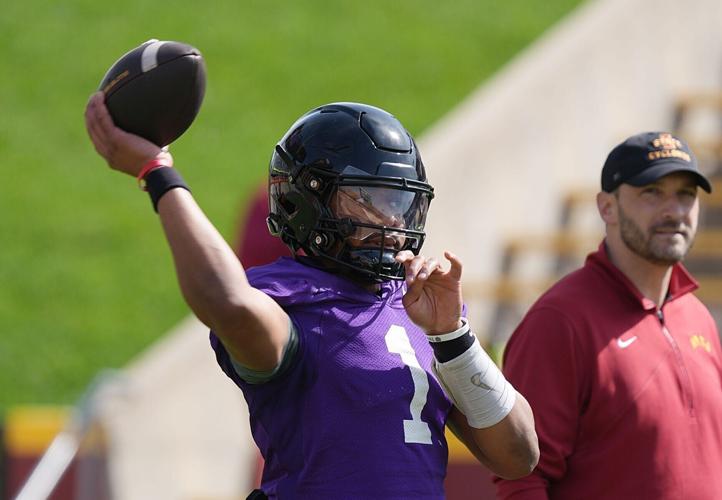 Iowa State quarterback Jaylen Raynor (1) throws a pass during warmup before spring football at Jack Trice Stadium on April 25,