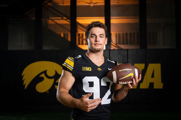 Iowa place kicker Caden Buhr (92) stands for a portrait during Hawkeye football media day, Friday, Aug. 14, 2026, in Iowa City.