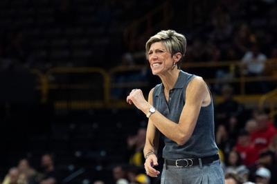 Iowa head coach Jan Jensen reacts Oct. 29, 2026 during an exhibition game against the Maryville Saints at Carver-Hawkeye Arena
