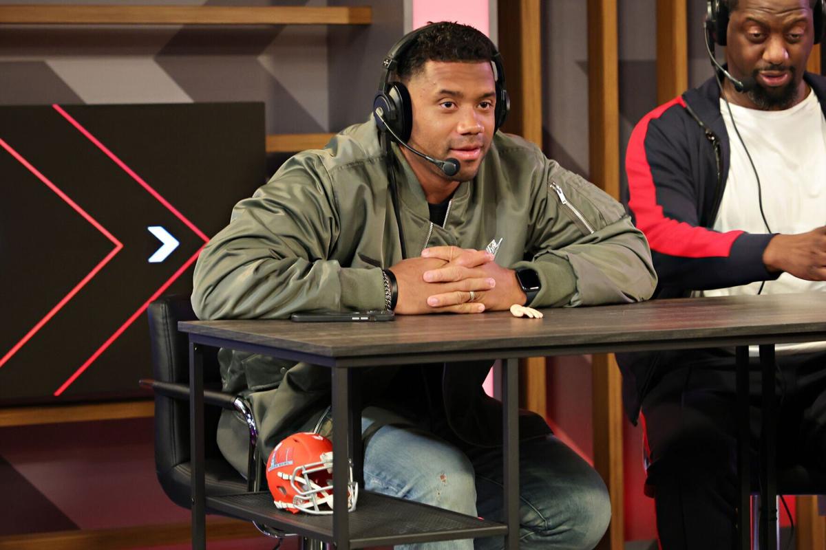 Russell Wilson speaks during an interview on SiriusXM At Super Bowl LVI on Feb. 11, 2022, in Los Angeles.