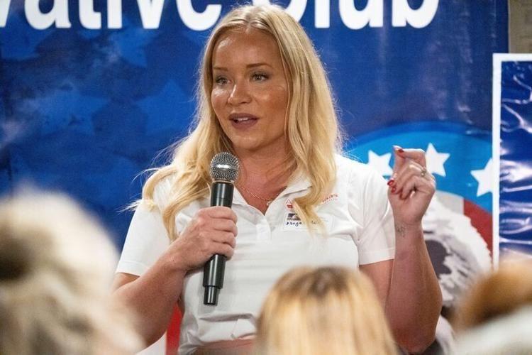 Iowa County Supervisor Abigail Maas, candidate for Iowa state auditor, speaks during Westside Conservative Club at Machine Shed restaurant on Aug. 13, 2025, in Urbandale.