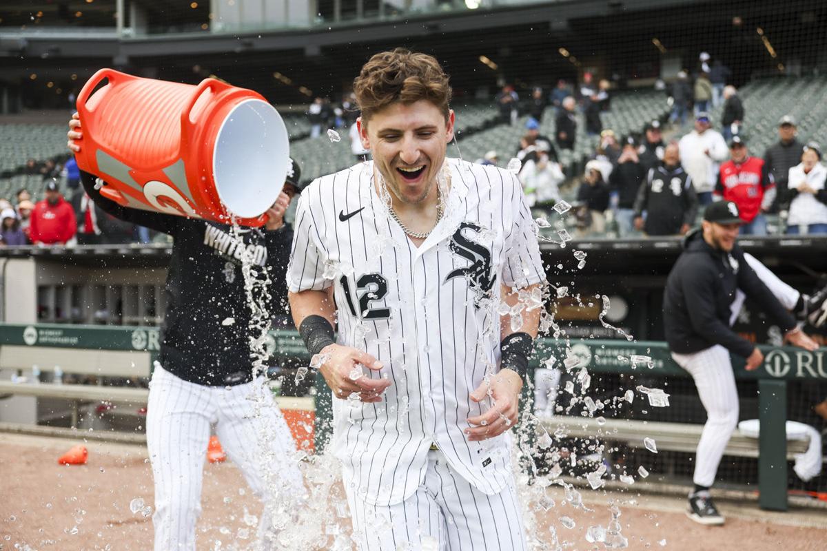 Chicago White Sox shortstop Colson Montgomery (12) gets doused with water after hitting a walk-off single to defeat the Los Angeles Angels 3-2 at Rate Field on April 29, 2026.