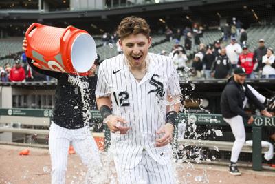 Chicago White Sox shortstop Colson Montgomery (12) gets doused with water after hitting a walk-off single to defeat the Los Angeles Angels 3-2 at Rate Field on April 29, 2026.