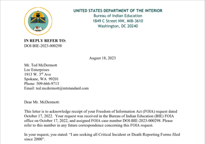 Letters from the BIE to Lee Enterprises reporter