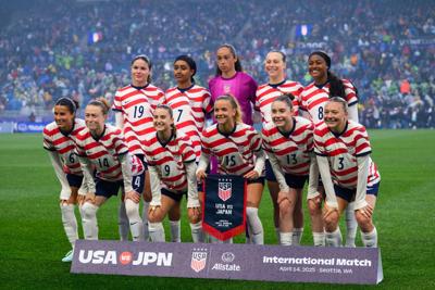 United States starting 11 poses for a photo before the game against Japan at Lumen Field on April 14, 2026.