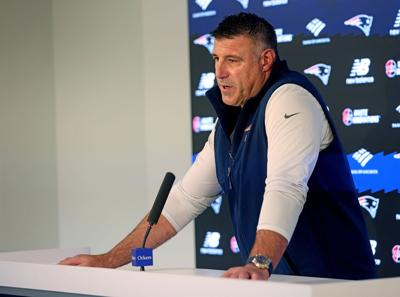 New England Patriots head coach Mike Vrabel addresses the media on photos taken with reporter Dianna Russini on Tuesday, April 21, 2026 in Foxboro, Massachusetts.