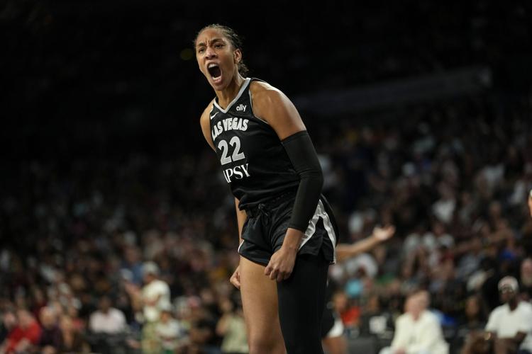 Las Vegas Aces center A'ja Wilson (22) reacts after scoring against the Indiana Fever during the third quarter of a WNBA basketball game on July 12, 2026, at Michelob Ultra Arena in Las Vegas.