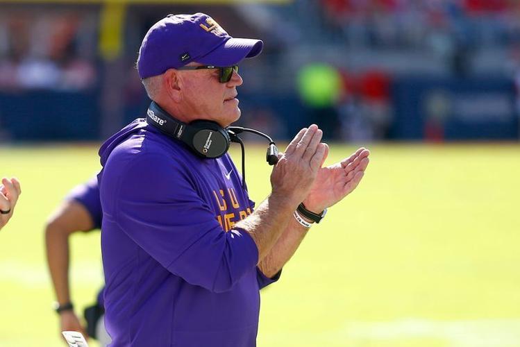 Sep 27, 2025; Oxford, Mississippi, USA; LSU Tigers head coach Brian Kelly reacts during the first quarter against the Mississippi Rebels at Vaught-Hemingway Stadium.