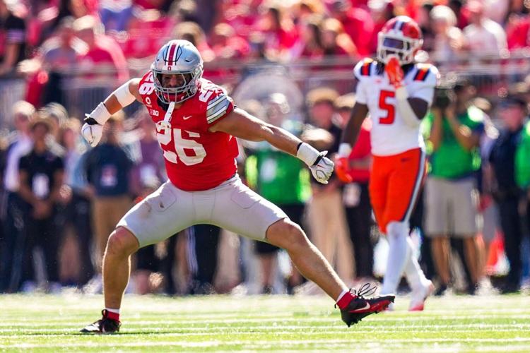 Ohio State Buckeyes linebacker Payton Pierce (26) celebrates after sacking the quarterback in the second half of the NCAA