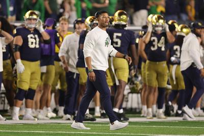 Head coach Marcus Freeman of the Notre Dame Fighting Irish reacts against the Texas A&M Aggies during the second half at Notre Dame Stadium on Saturday, Sept. 13, 2025, in South Bend, Indiana.