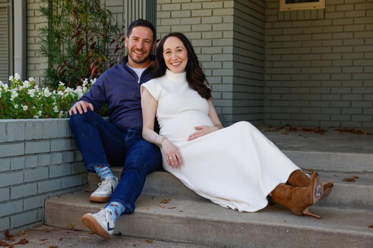 Texas Rangers broadcaster Jared Sandler and his wife, Emily Sandler, at their home on Nov. 17, 2025, in Dallas.