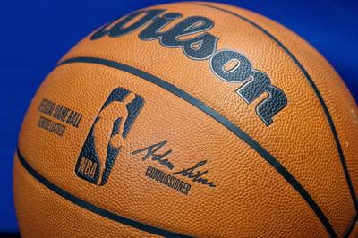 Feb. 5, 2026; Dallas, Texas; A view a Wilson NBA basketball and logo during the game between the Mavericks and the Spurs at the American Airlines Center.