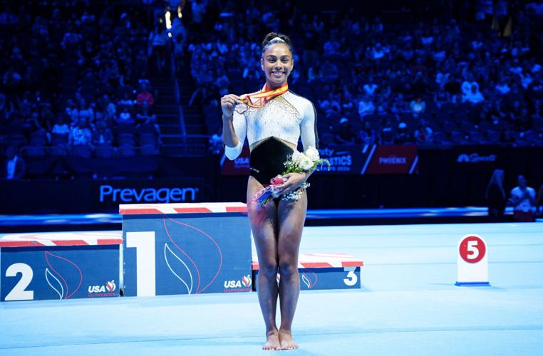 Hezly Rivera wins first place overall in the Xfinity U.S. Gymnastics senior women’s championships at the Mortgage Matchup Center