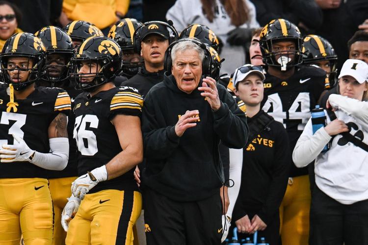 Iowa football coach Kirk Ferentz reacts during the second quarter of his team's 2025 game against Michigan State at Kinnick Stadium in Iowa City.