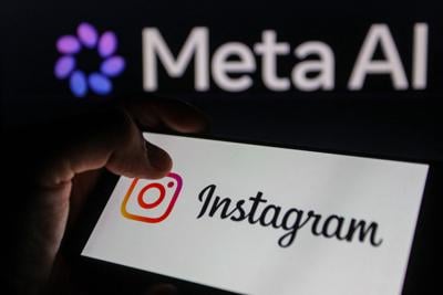 Close up image of a smartphone displaying the Instagram logo in front of a Meta AI logo on a digital screen in Tunis, Tunisia, on June 7, 2026.