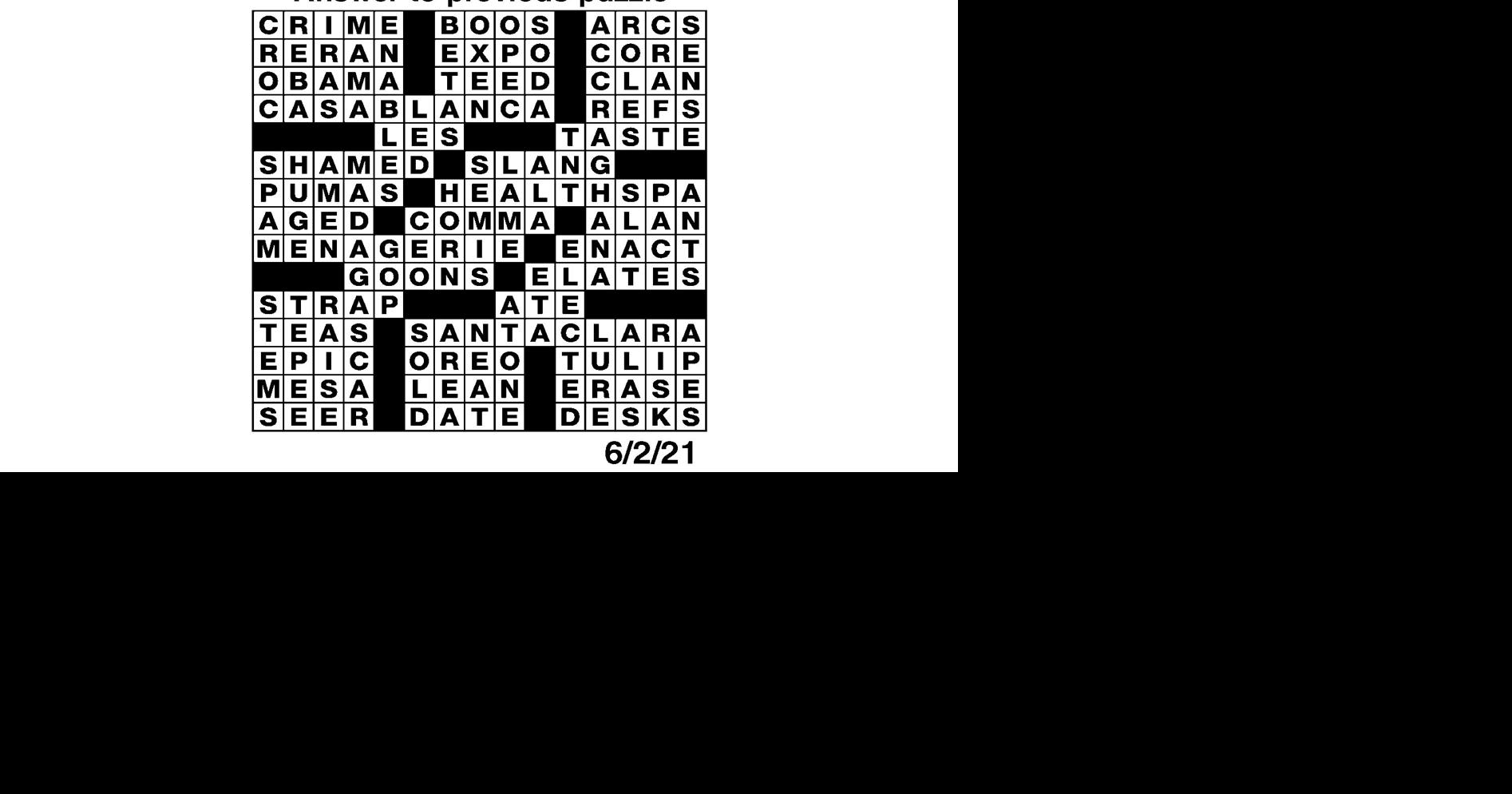 Corrected crossword puzzle solution for June 2 Features dcourier com