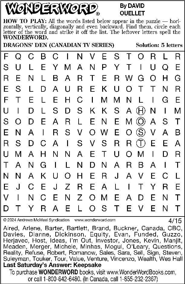 Wonderword puzzles Week of April 14, 2024 Puzzles from Print Edition