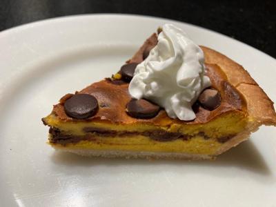 Kabocha pie, with chocolate chips.