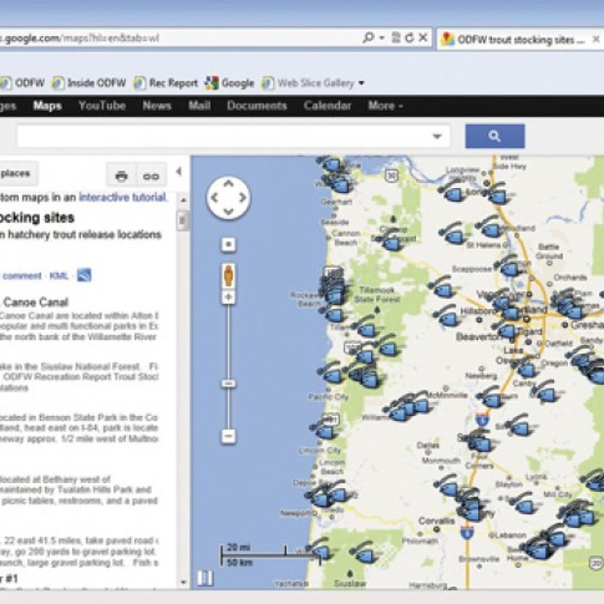 Google Fishing Map Points To Nw Oregon Trout Locales Oregon Outdoors Democratherald Com Oregon Fishing Season Calendar