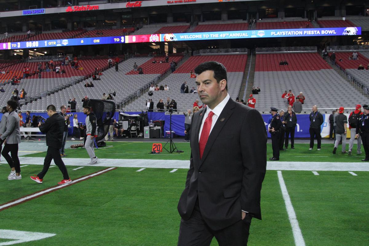 Ohio State head coach Ryan Day arrives to check out the field at the 2019 Fiesta Bowl at State Farm Stadium in Glendale, Arizona on Saturday, December 28, 2019.
