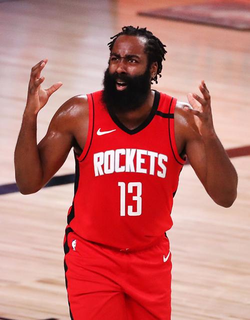 James Harden #13 of the Houston Rockets reacts during the second quarter against the Los Angeles Lakers in Game Four of the Western Conference Second Round during the 2020 NBA Playoffs at AdventHealth Arena at the ESPN Wide World Of Sports Complex on Sept. 10, 2020 in Lake Buena Vista, Florida.