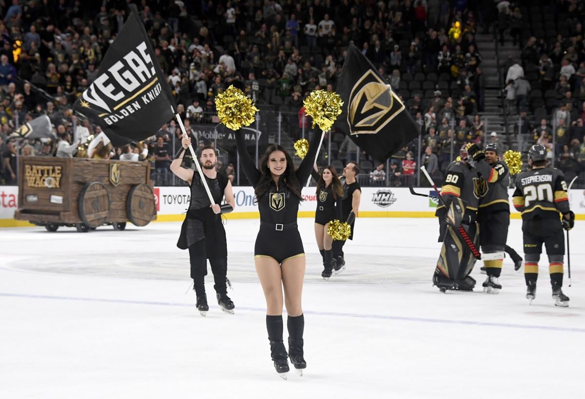 Members of the Knights Guard celebrate on the ice after the Vegas Golden Knights' 3-0 victory over the New Jersey Devils on March 3, 2020 at T-Mobile Arena in Las Vegas, Nev.
