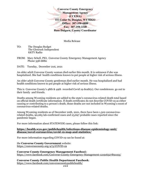 From Converse County Emergency Management: 48th & 49th recorded Covid-19 death for Converse County, 12-21-21