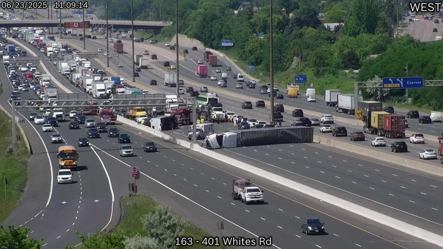 Tractor-trailer rollover closes Highway 401 in Pickering