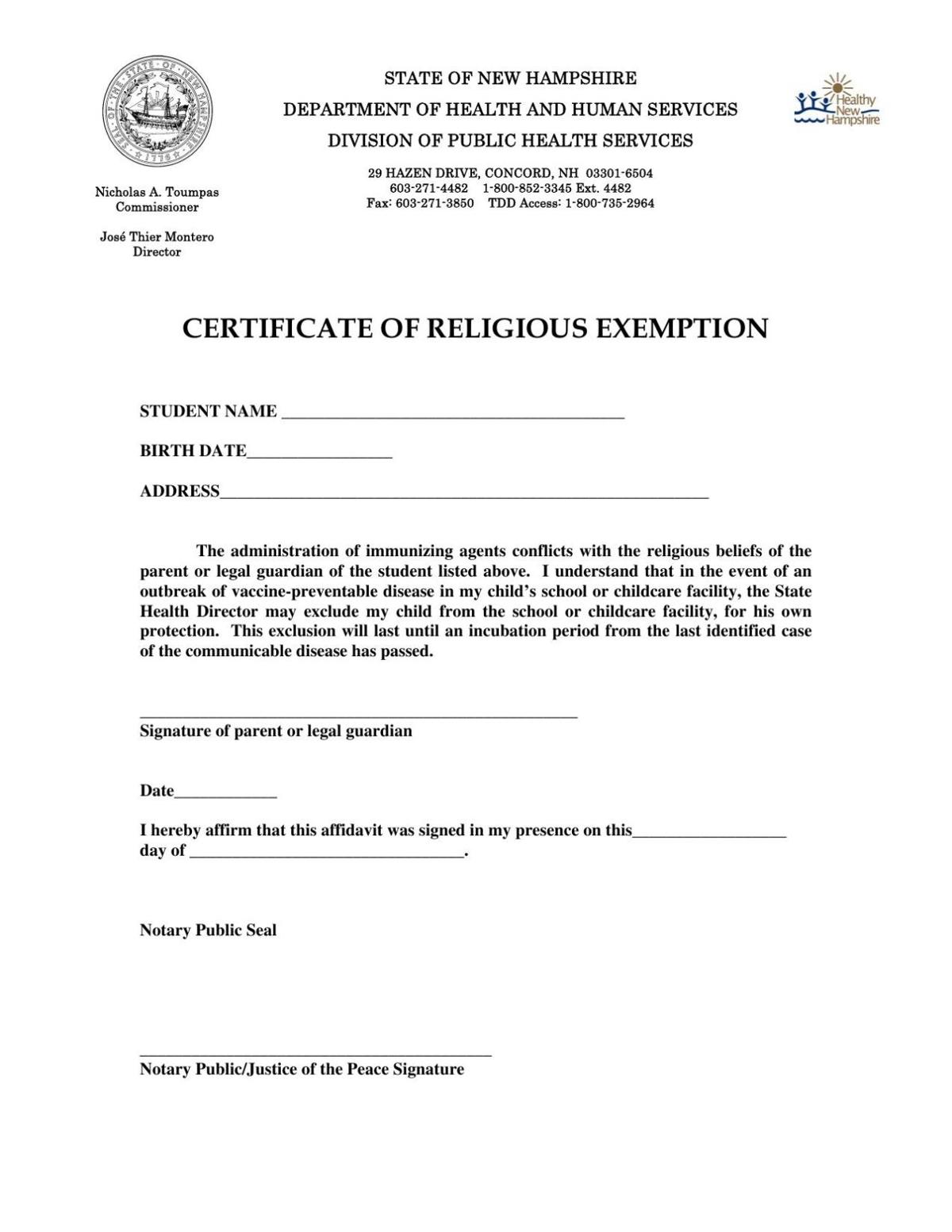 NH Religious Exemption Form