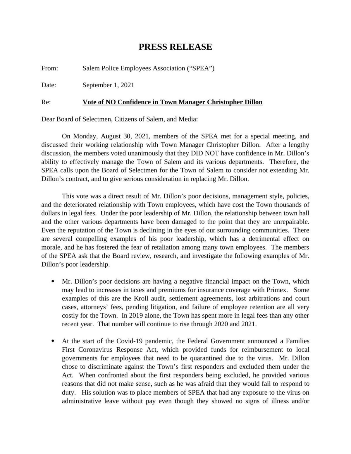 Salem police want town manager replaced, deliver vote of no confidence
