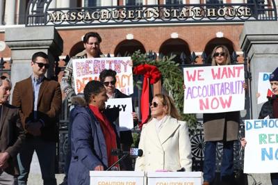 Danielle Allen and Jennifer Nassour on the State House steps