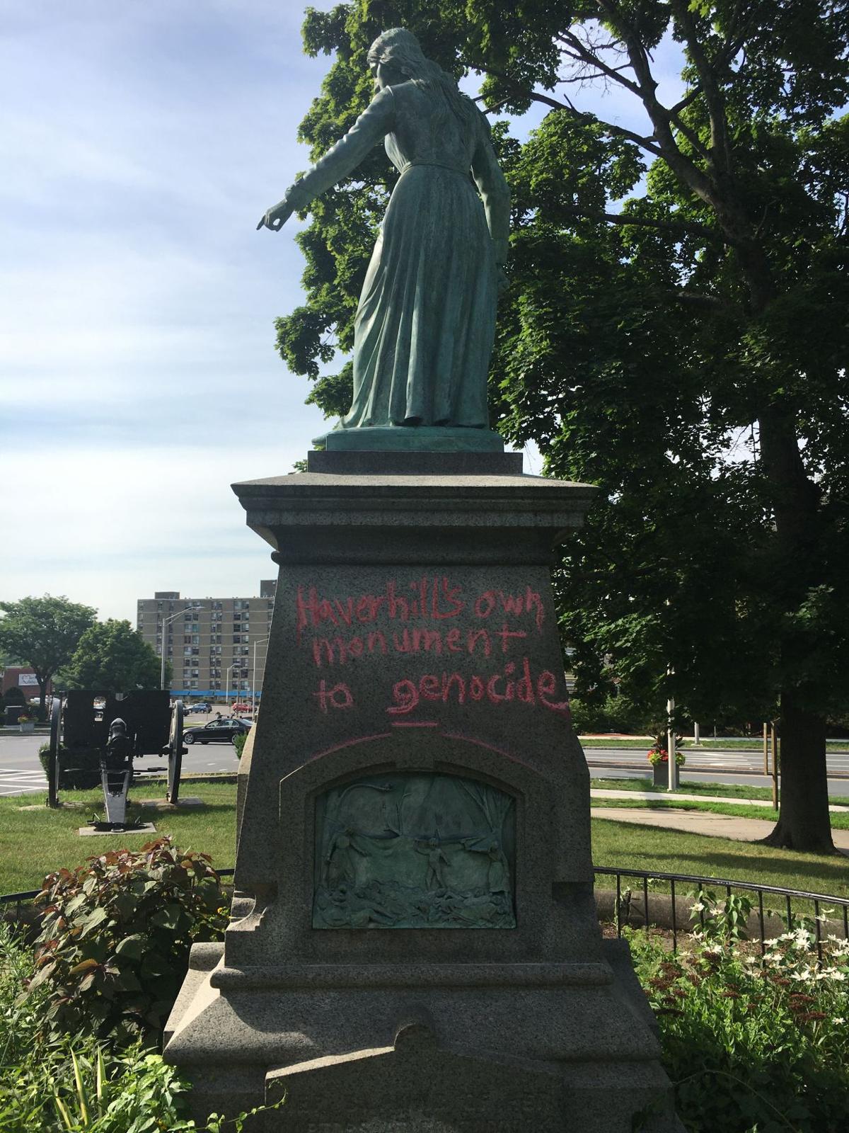 Hannah Duston statue vandalized with words 'Haverhill's own monument to