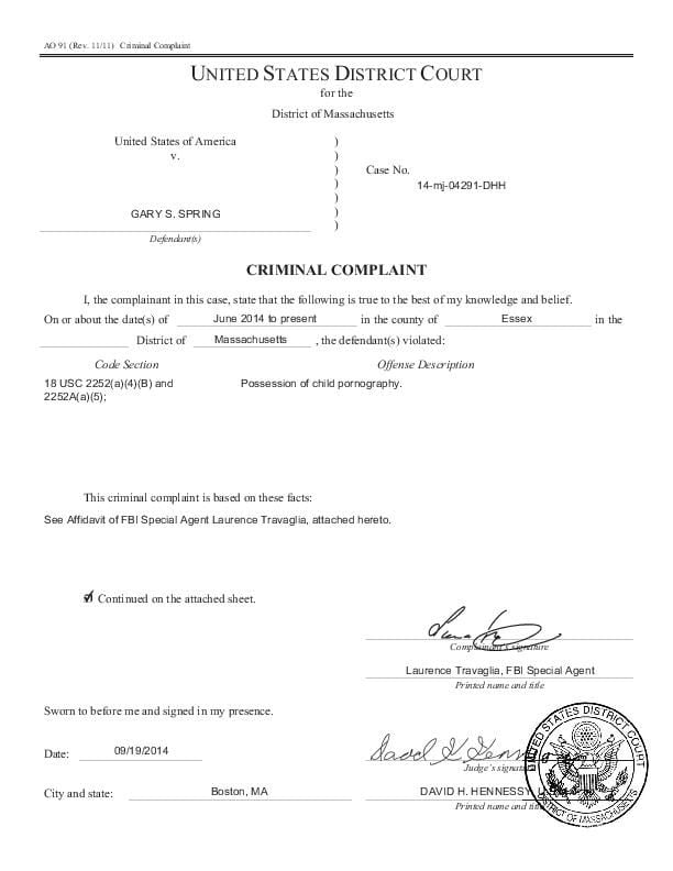 FBI affidavit filed with criminal complaint against Gary S. Spring | | eagletribune.com