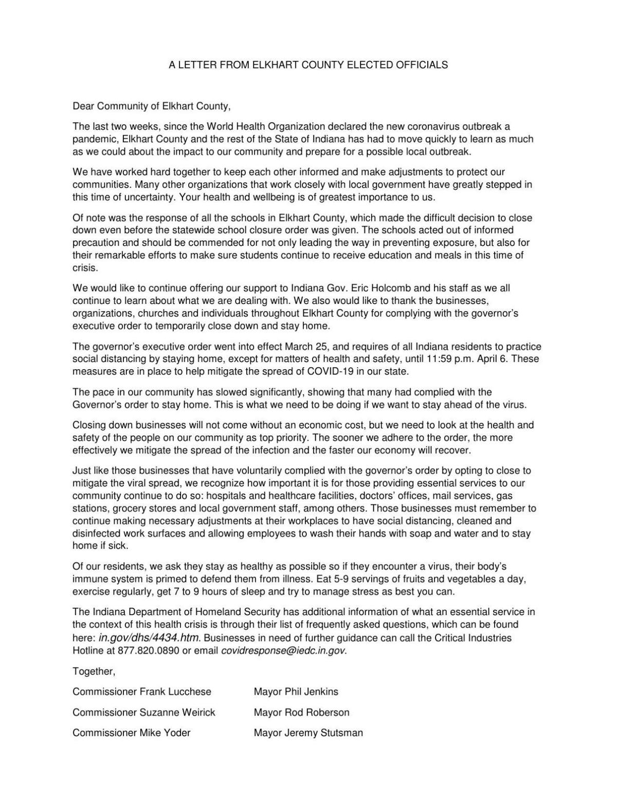 Letter from elected officials | | elkharttruth.com