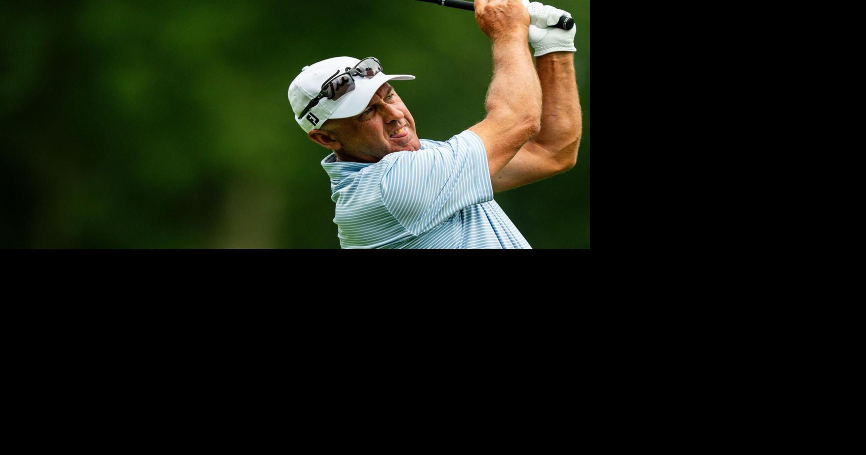 Cameron Percy follows through on his drive off the ninth tee during round 2 of the Kaulig Companies PGA Championship, July 10,