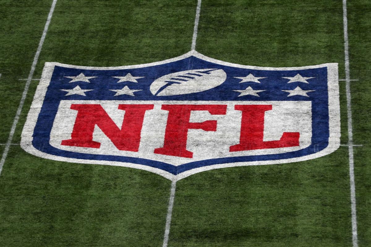 A detailed view of the NFL logo on the field during a game between Carolina Panthers and Tampa Bay Buccaneers at Tottenham Hotspur Stadium in London on October 13, 2019.