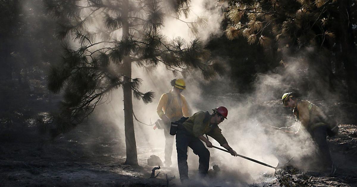 Firefighters work to put out a hot spot and contain the Davis Fire alongside the Mt. Rose Hwy on Sept. 12, 2024.
