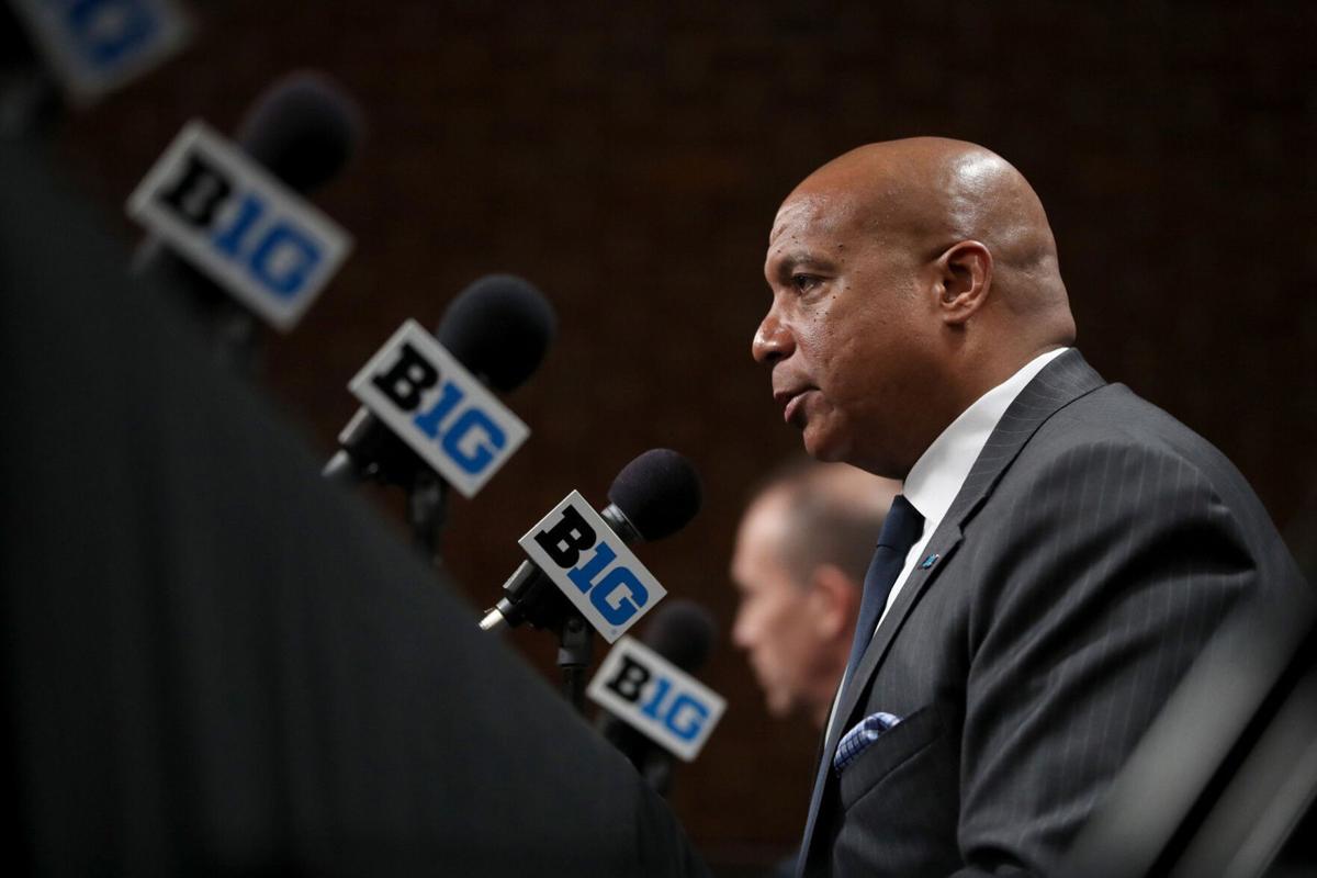 Big Ten commissioner Kevin Warren speaks about the cancellation of the men's basketball tournament at Bankers Life Fieldhouse in Indianapolis, Ind., on Thursday, March 12, 2020.
