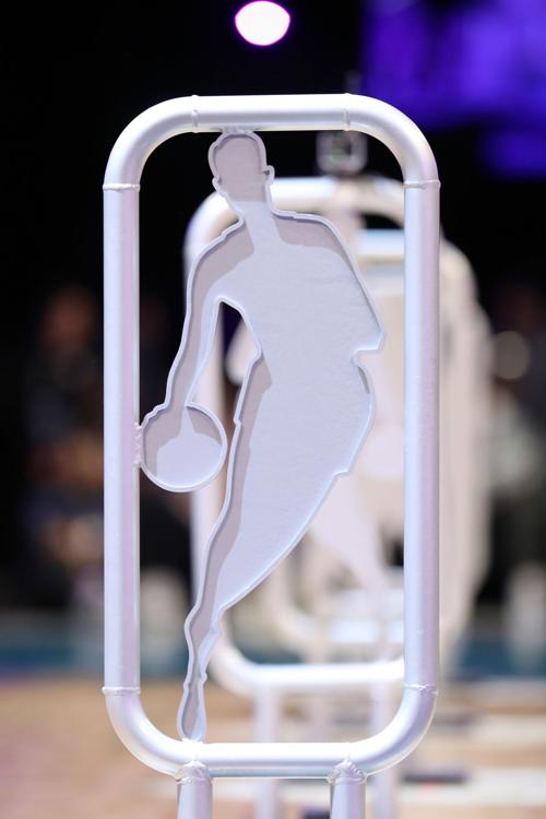 The NBA logo is seen during the Taco Bell Skills Challenge as part of the NBA All-Star Weekend at Spectrum Center in Charlotte, North Carolina, on February 16, 2019.