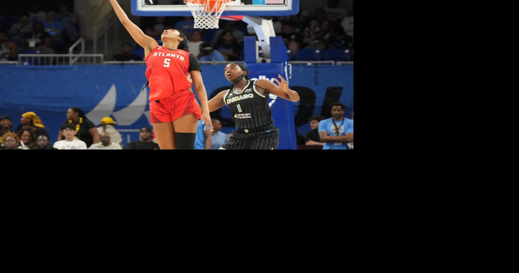 Atlanta Dream forward Angel Reese (5) is defended by Chicago Sky center-forward Elizabeth Williams (1) during the first half at Wintrust Arena on Jun 9, 2026 in Chicago, Illinois.