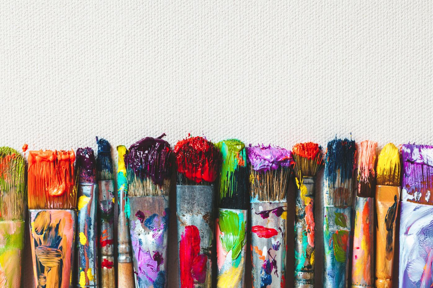 Row Artists Paintbrushes Against Natural Canvas Stock Photo 49215382
