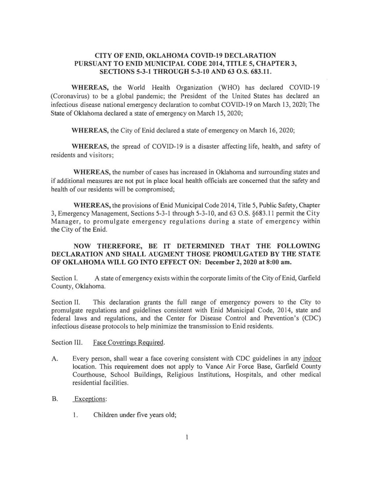 City of Enid's current mask mandate declaration