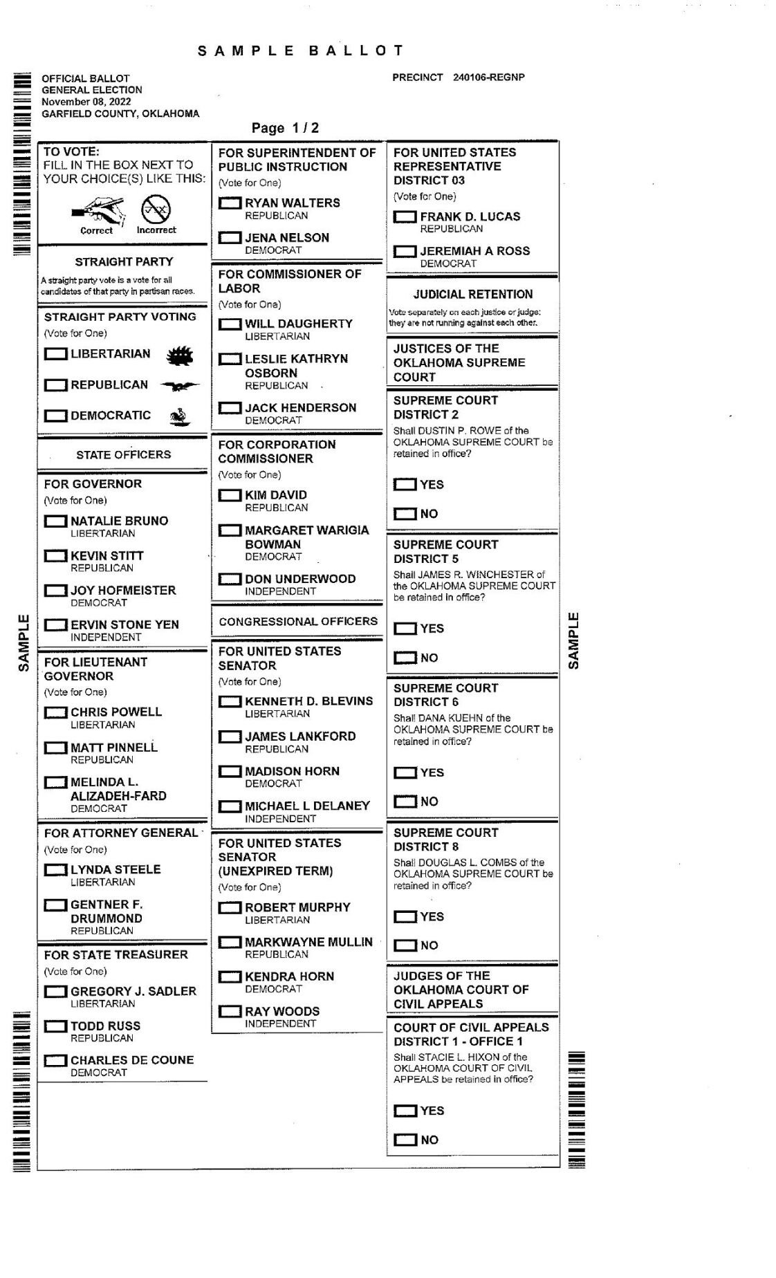 Sample ballot for general election