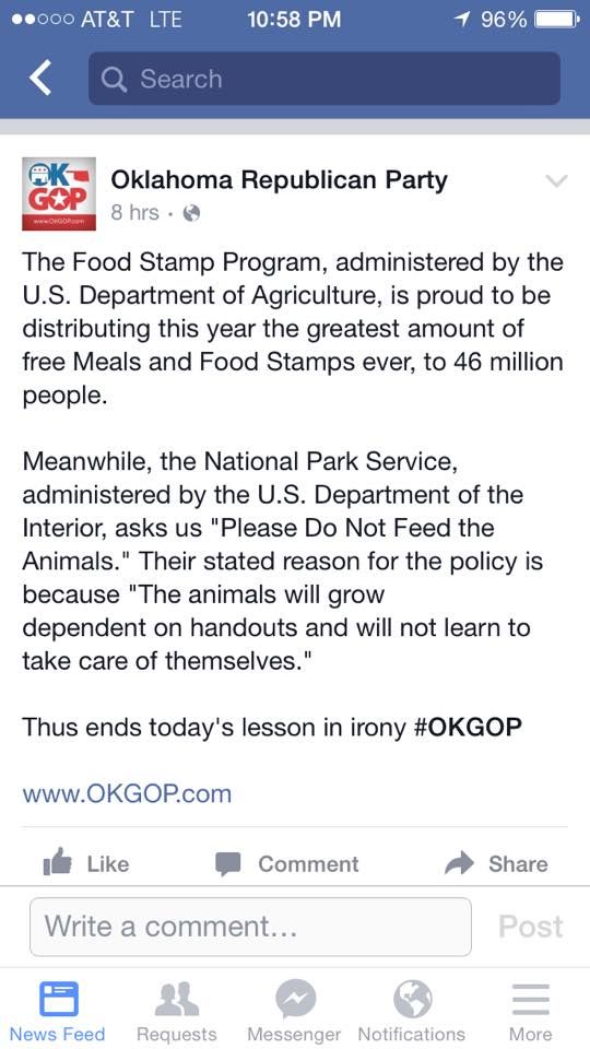 Oklahoma GOP post compares food stamp recipients to animals News