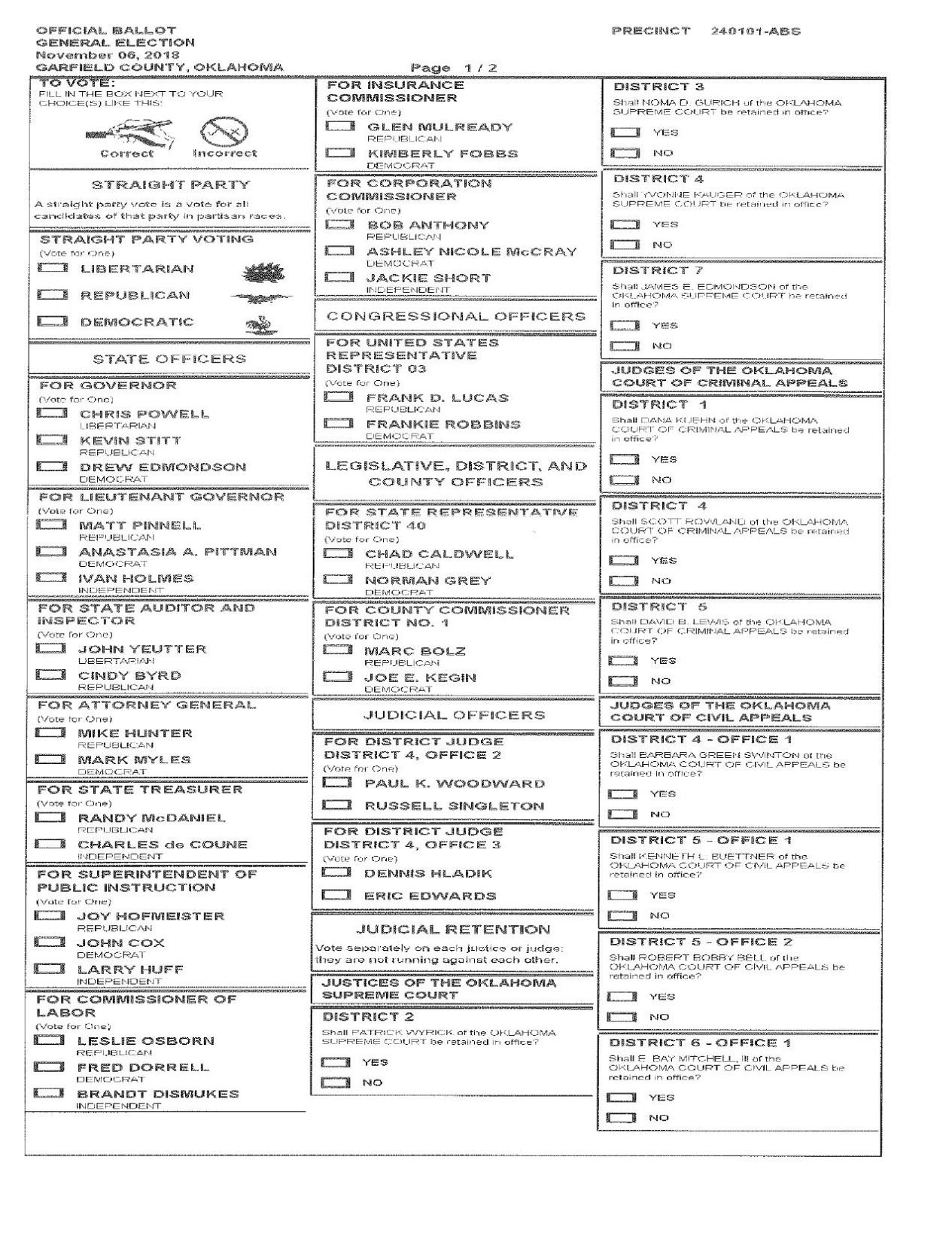 Garfield County Sample Ballots For Nov. 6, 2018 Election | | Enidnews.com