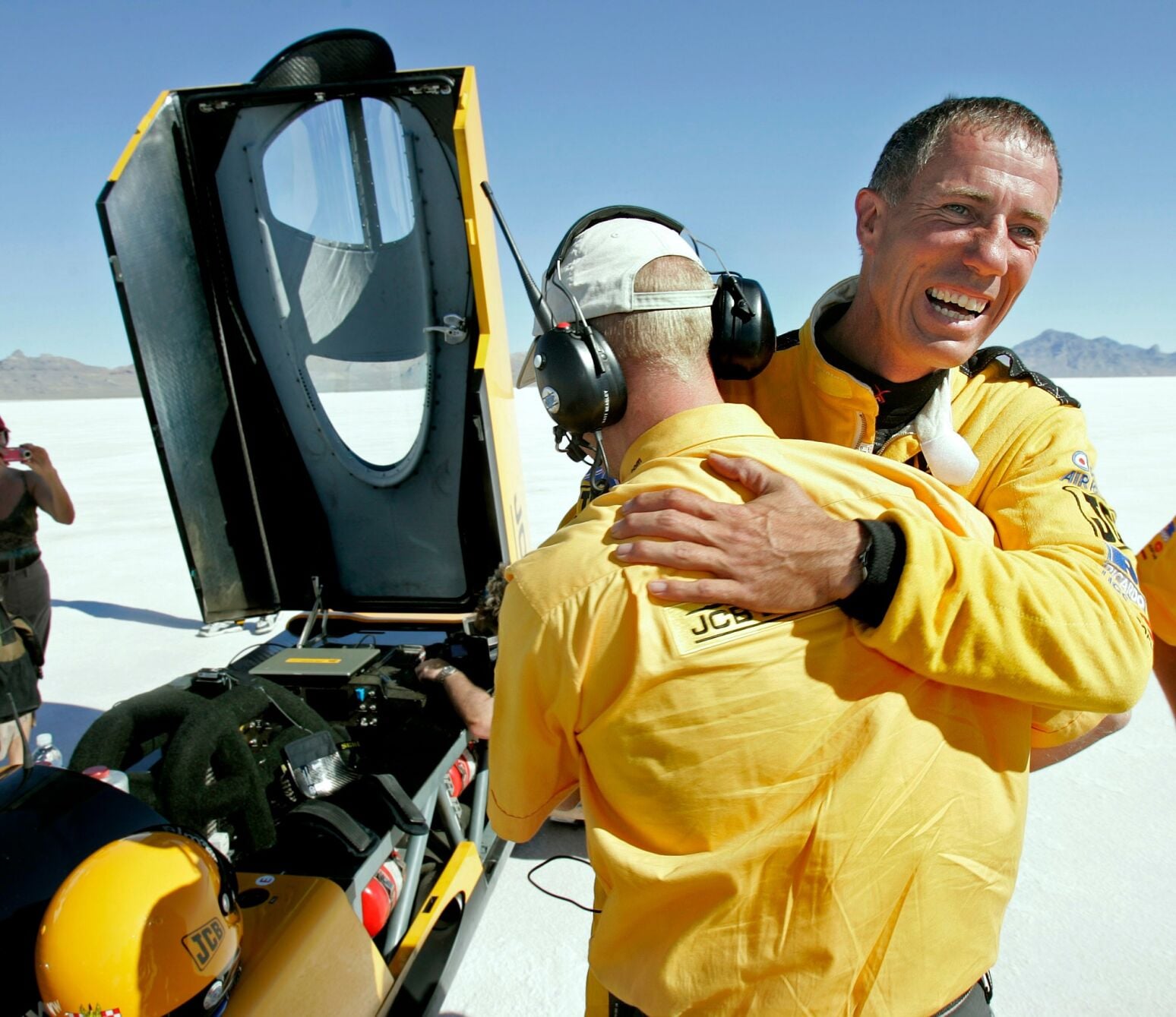 Historic JCB Dieselmax land speed record vehicle driver Andy Green at Bonneville Salt Flats speedway