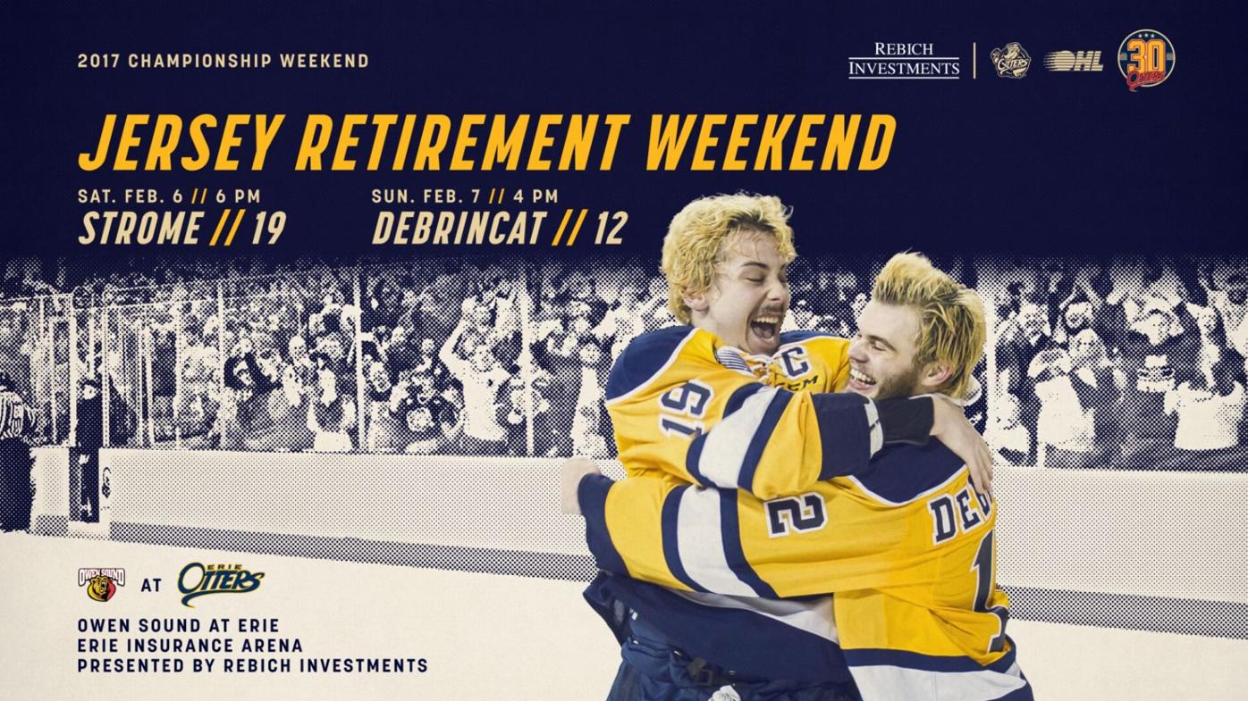 A promotional image tied to the Erie Otters jersey retirement announcement for Dylan Strome and Alex DeBrincat.
