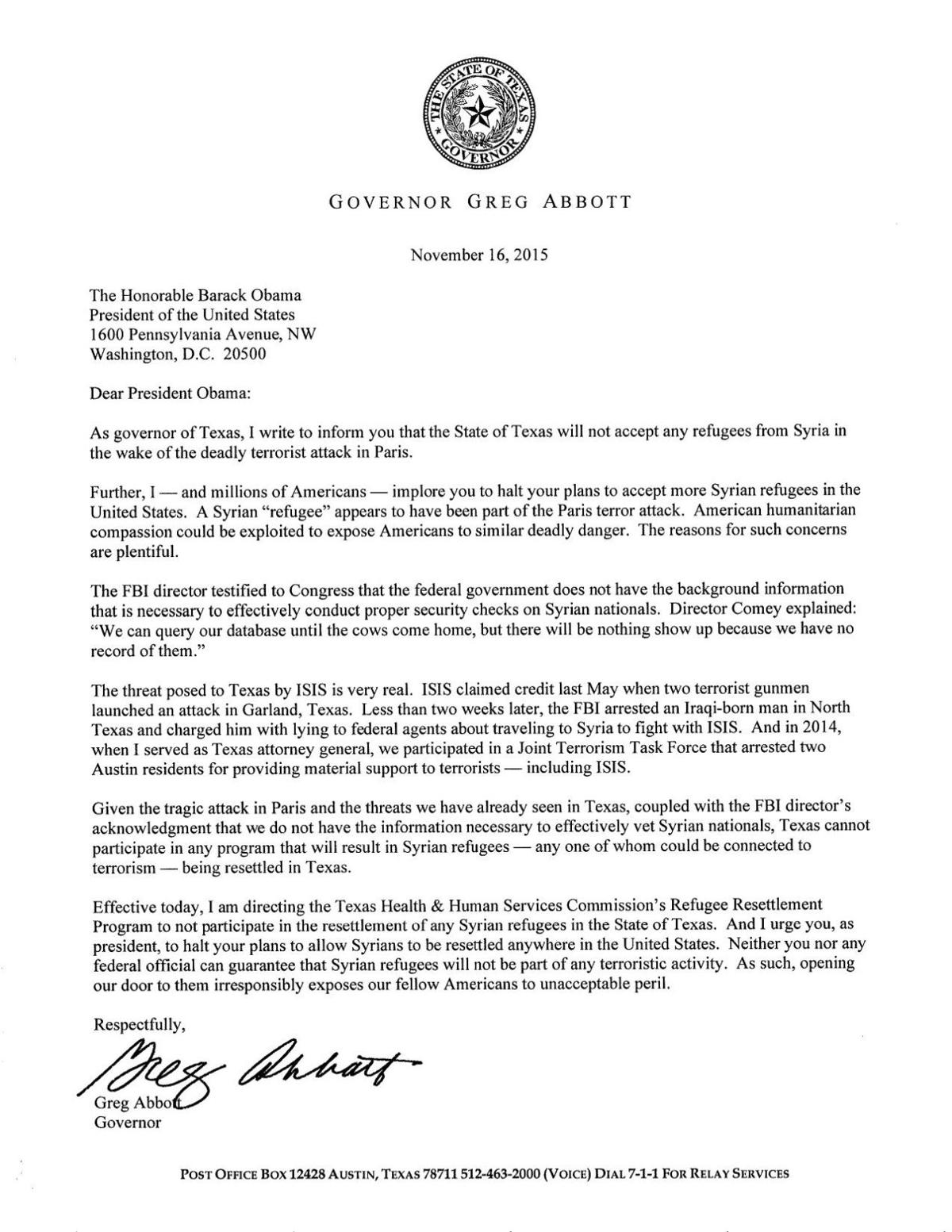 Texas Governor Abbotts Full Letter To President Obama 0971